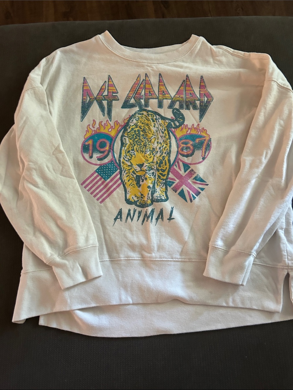 Def Leppard 'Animal' Graphic Sweatshirt - White with Yellow & Pink Print